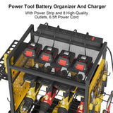 Power Tool Organizer Cart with Charging Station, Heavy Duty Garage Tool Organizer Rolling Tool Battery Storage with 8-Outlet Power Strip, 4 Wheels, 2 Hanging Baskets, 8 Hooks, Drill Bit Holder, Yellow NEYCIL