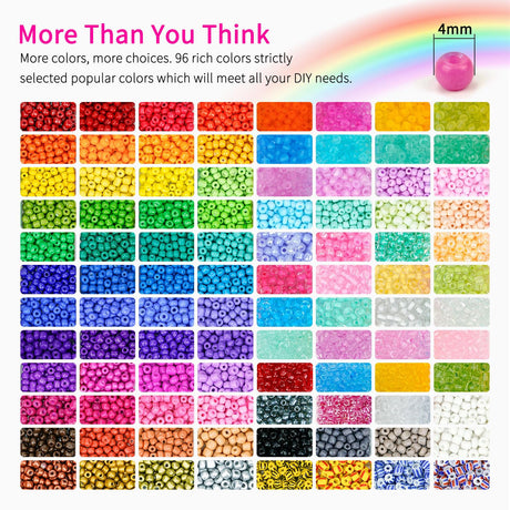 4mm Glass Seed Beads Friendship Bracelet Kit, 15500pcs 96 Colors 6/0 Small Beads for Friendship Bracelet Beads Waist Beads with String Cords Letter Beads for DIY Jewelry Making Crafts Sistenia