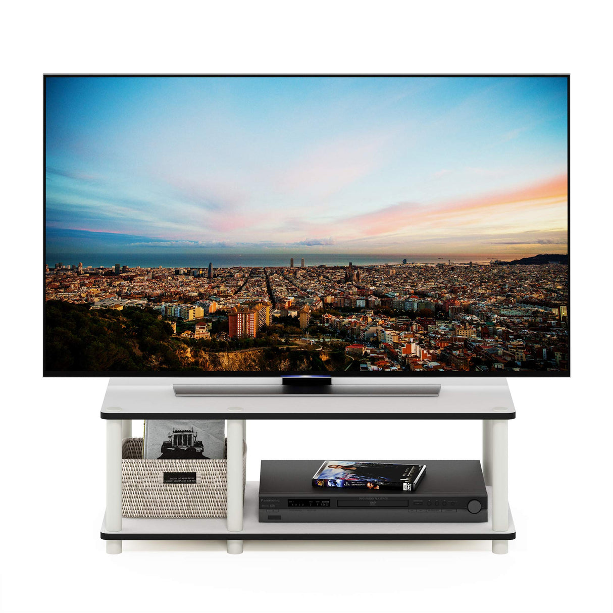 Furinno Just No Tools Mid TV Stand, White w/White Tube Furinno