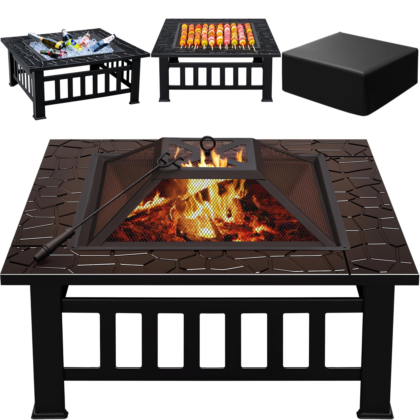 Greesum Multifunctional Patio Fire Pit Table, 32in Square Metal BBQ Firepit Stove Backyard Garden Fireplace with Spark Screen Lid and Rain Cover for Camping, Outdoor Heating, Bonfire and Picnic, Black