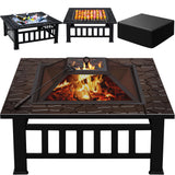 Greesum Multifunctional Patio Fire Pit Table, 32in Square Metal BBQ Firepit Stove Backyard Garden Fireplace with Spark Screen Lid and Rain Cover for Camping, Outdoor Heating, Bonfire and Picnic, Black Greesum