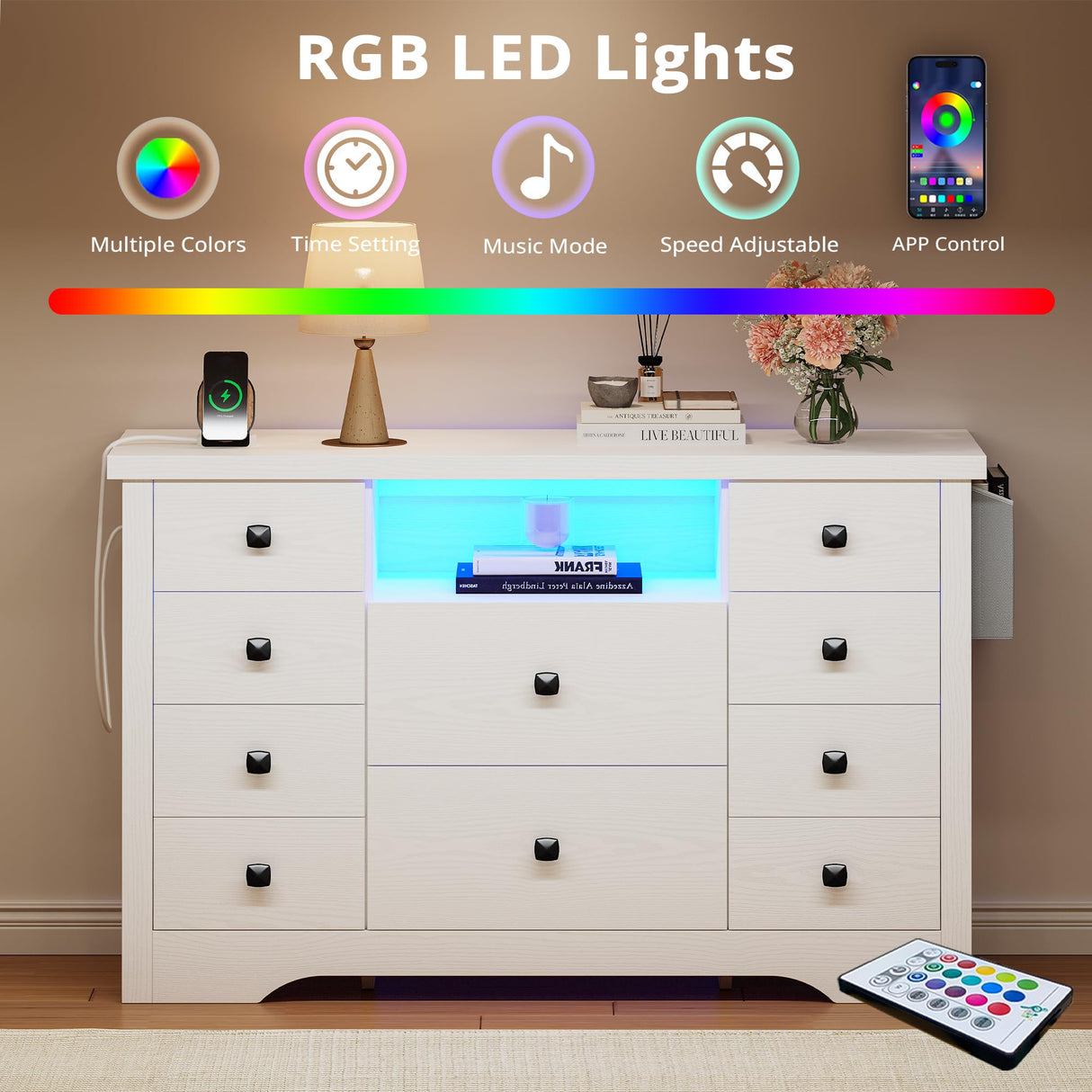 LIKIMIO Dresser with 10 Drawers, Bedroom Wooden Chest of Drawers with LED Lights and Power Outlets, Fabric Side Pocket, TV Stand for Living Room, White LIKIMIO