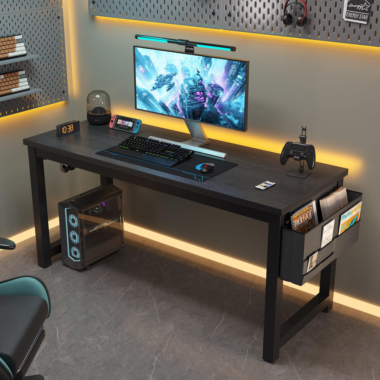 SURMIO Large Computer Desk - 63 Inch Home Office Desk Study Student Writing Table Gaming Desk Wood Modern Simple Table with Storage Bag & Headphone Hooks, Black SURMIO