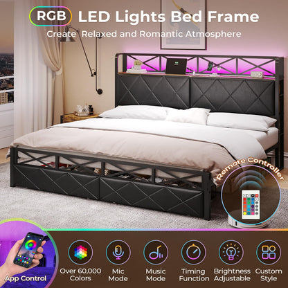 DICTAC King Size Bed Frame with Storage Headboard, LED Lights, and 2 Drawers – No Box Spring Needed, Black - WoodArtSupply