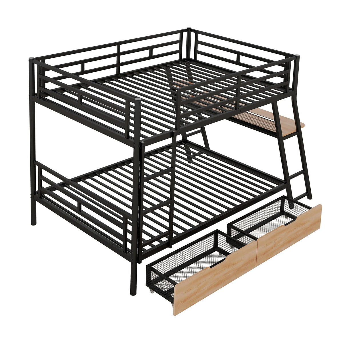Flieks Bunk Bed, Full Over Full Metal Bunk Bed Frame with Built-in Desk, Light, 2 Drawers, Safety Guard Rails and Ladder, Heavy-Duty Steel Frame Bunk Bed for Kids Teens Adults (Black) Flieks