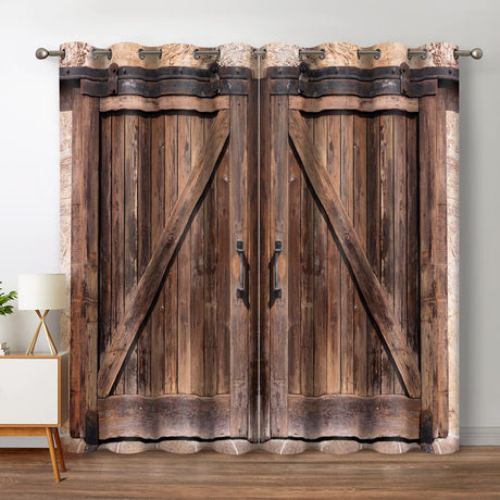 Jekeno Rustic Wood Blackout Curtains Vintage Wooden Barn Door Farmhouse Home Bedroom Living Room Decor Brown Grommet Window Drapes 2 Panel Set, 52"x84" Jekeno