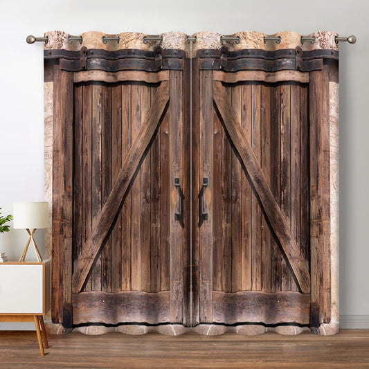 Jekeno Rustic Wood Blackout Curtains Vintage Wooden Barn Door Farmhouse Home Bedroom Living Room Decor Brown Grommet Window Drapes 2 Panel Set, 52"x84" - WoodArtSupply