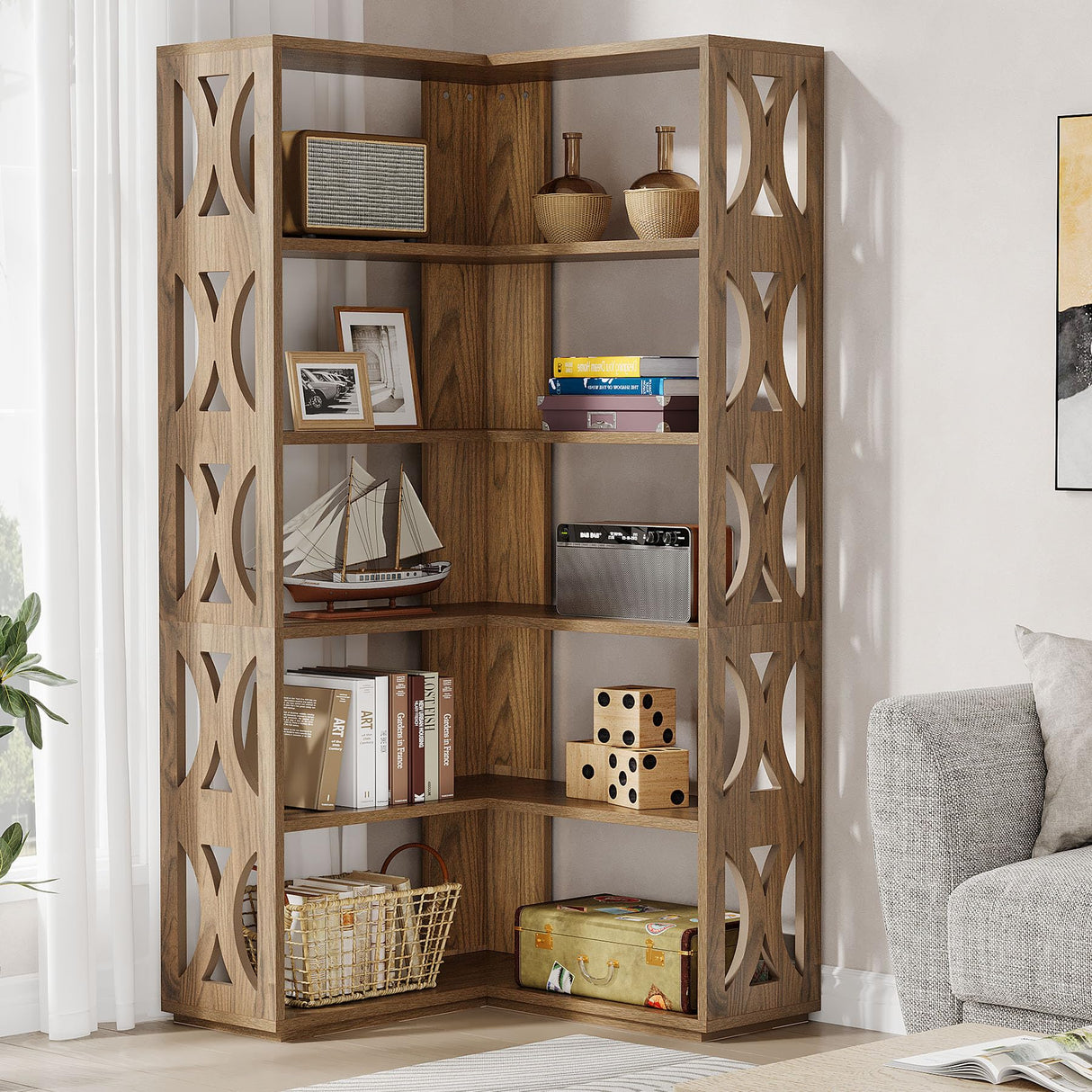 Tribesigns Rustic 5-Tier L Shaped Corner Bookshelf - 66-Inch Tall Storage Organizer for Living Room or Bedroom Tribesigns