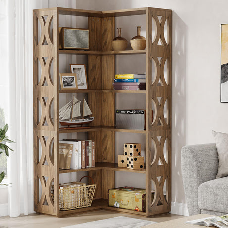 Tribesigns Rustic 5-Tier L Shaped Corner Bookshelf - 66-Inch Tall Storage Organizer for Living Room or Bedroom Tribesigns