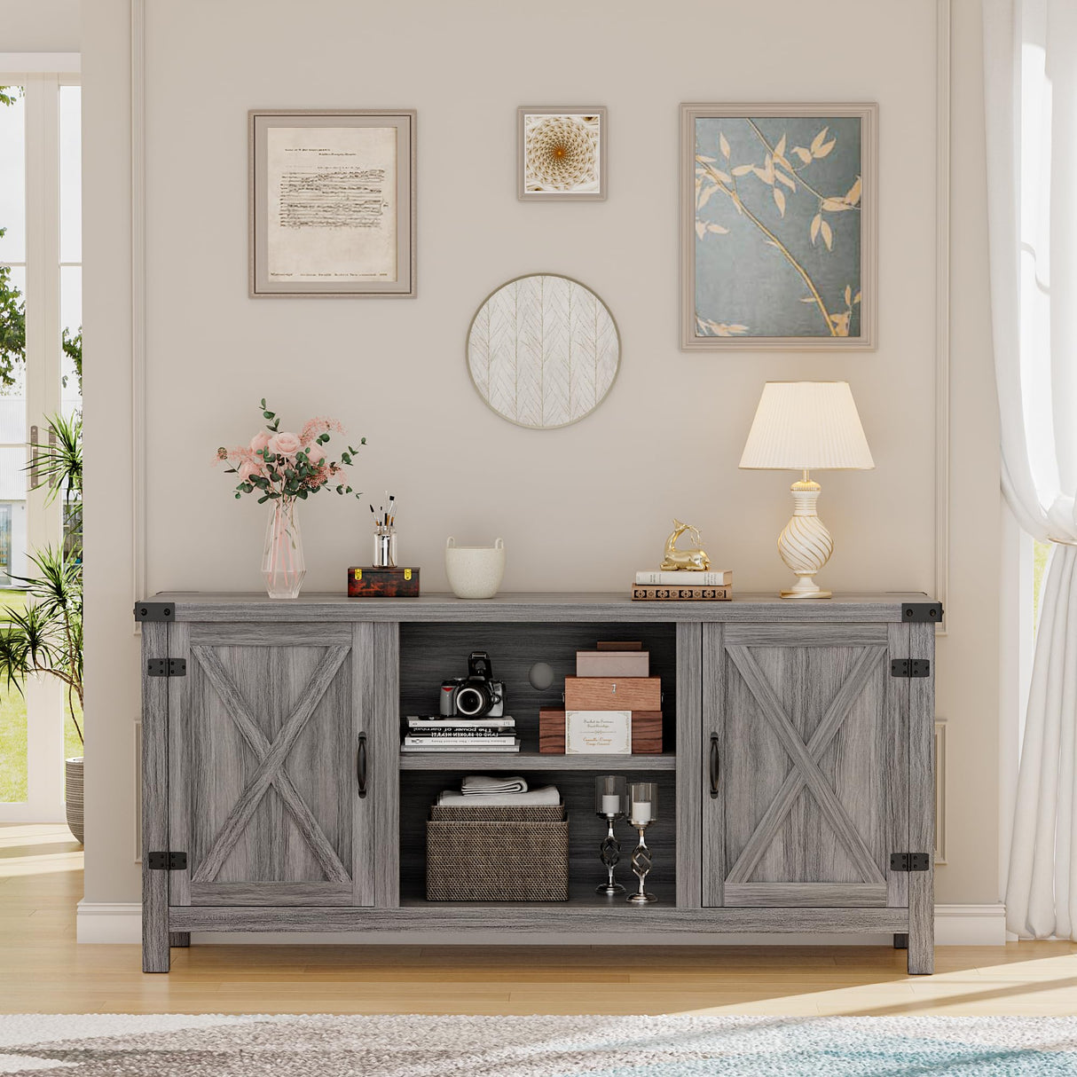 YESHOMY Farmhouse Buffet & Sideboard, 58" Kitchen Storage Cabinet with Adjustable Shelves & Doors, Wood Coffee Bar for Living Room, Entryway, Gray Washed YESHOMY