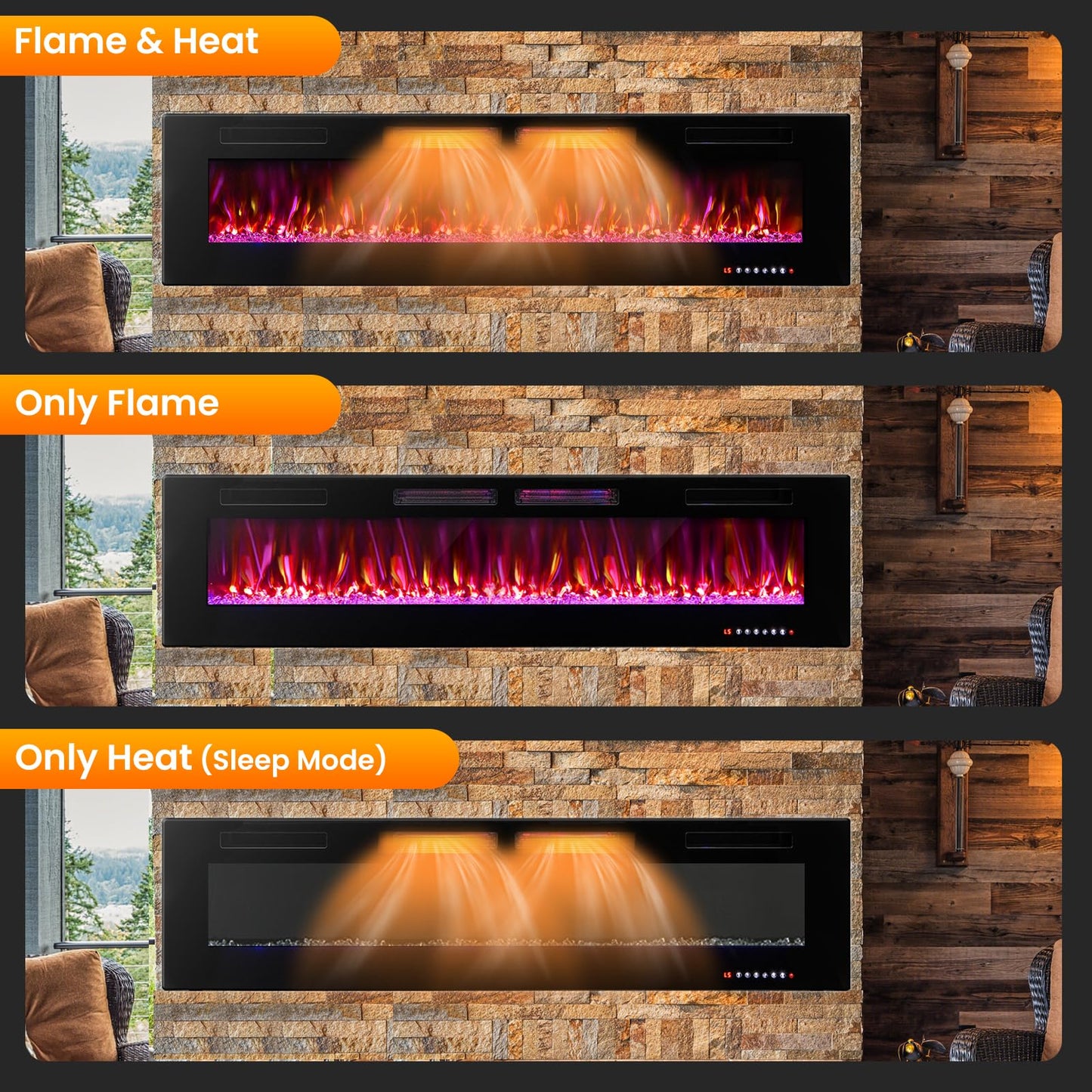 ORALNER 72” Smart WiFi Electric Fireplace, Ultra Thin Linear Recessed & Wall Mounted App Controlled Fireplace Heater with Adjustable Flame Color & Speed, Remote, 12 H Timer (72 INCHES)