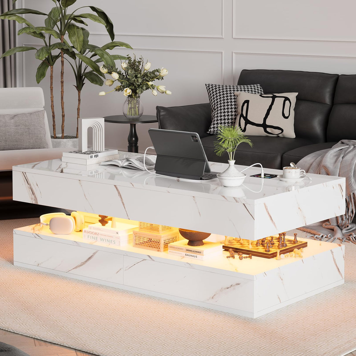 Buenhomino 47" Modern LED Coffee Table with 2 Drawers, High Glossy Double-Layer Center Table with Wireless Charging and Built-in Bluetooth Speaker Smart Table for Living Room with Marbling White Buenhomino