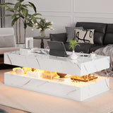 Buenhomino 47" Modern LED Coffee Table with 2 Drawers, High Glossy Double-Layer Center Table with Wireless Charging and Built-in Bluetooth Speaker Smart Table for Living Room with Marbling White Buenhomino