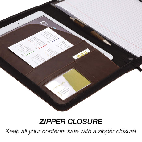 Samsill Vintage Portfolio/Zipper Faux Leather Portfolio, Book Style Hardback Design, Business & Interview Padfolio Organizer, 8.5 x 11 Writing Pad, Dark Brown Samsill