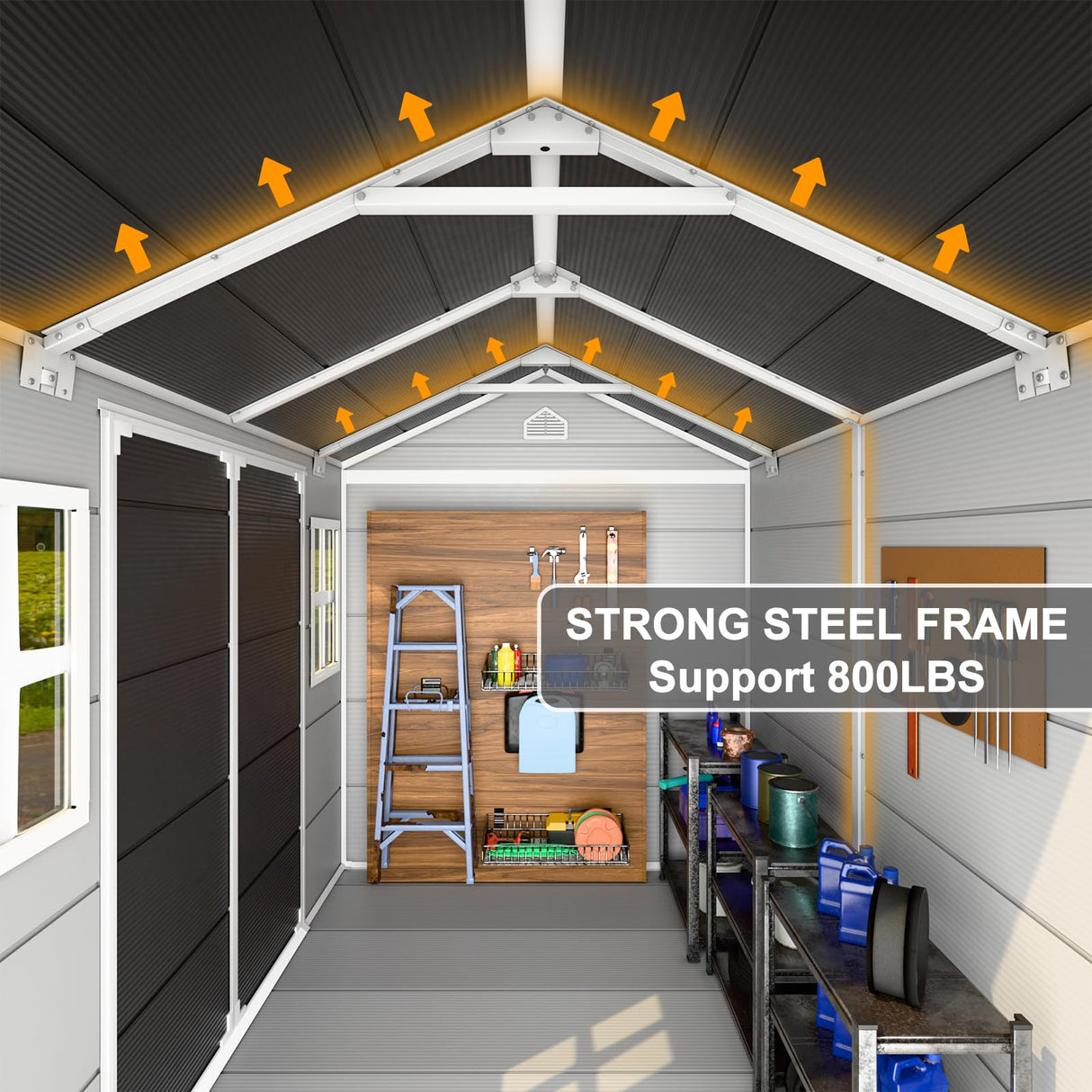 Outdoor Resin Storage Shed 8x6x7 FT Sheds Kit with Floor Included 2 Windows Double Lockable Door,Waterproof Outside Plastic Sheds for Backyard Garden Patio Lawn Tools WELYAS