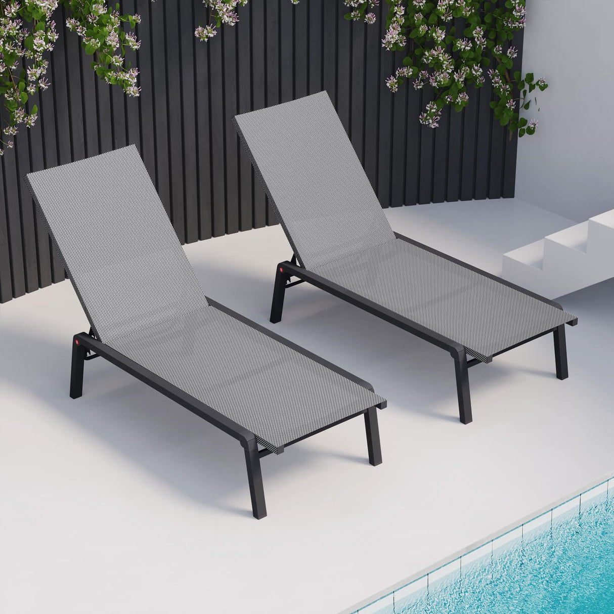 FHVIT Patio Chaise Lounge Set of 2 with 4 Adjustable Backrest, Foldable Aluminum Chaise Lounge Chair Recliner for Outdoor, Poolside, Sun Tanning Grey FHVIT