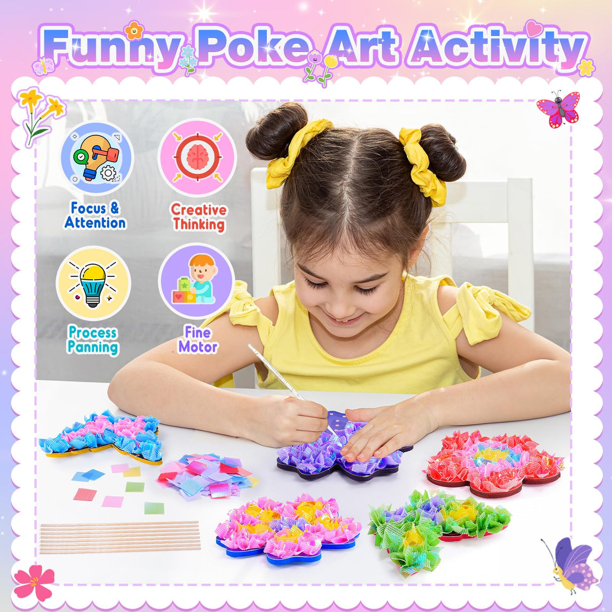 MDINGTD Toys for 4 5 6 7 8+ Year Old Girls, Poke Art Flower Bouquet with 8 Flowers & 2 Butterflies Arts and Crafts for Girls Ages 4-12 DIY Creative Activity Birthday Christmas Gifts Craft Kits MDINGTD