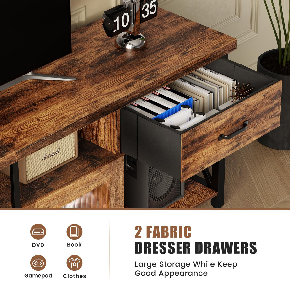 ALLSTAND 71 Inches Tall TV Stand for 75 80 Inch TV, Entertainment Center with Fabric Drawers & Cabinets, Industrial Gaming Console Table with Soundbar Shelf for Living Room, Bedroom, Rustic Brown ALLSTAND