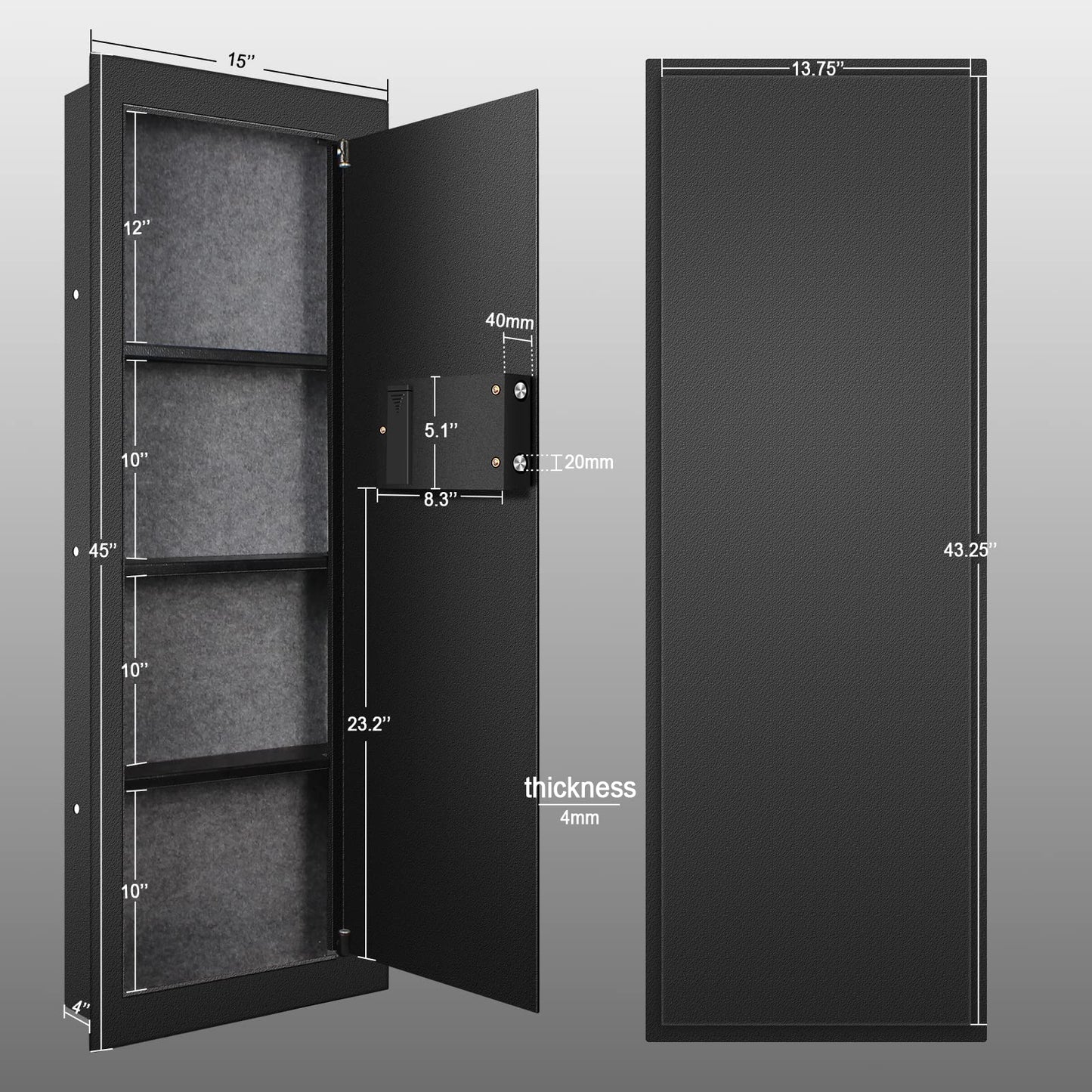 Langger Biometric Wall Safe, Hidden Fingerprint Security Long Wall Safe for Valuables, Rifle Shotgun Handguns, In Wall Safe Between Studs (4"D x 15"W x 45"H)