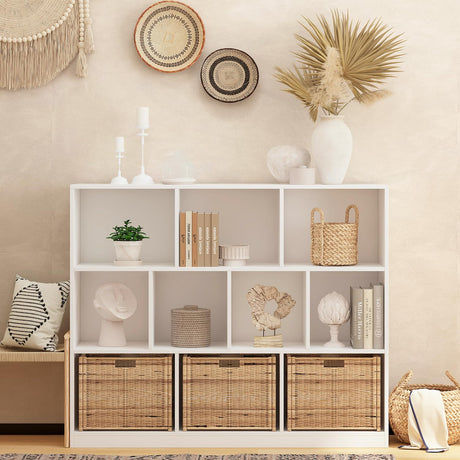 NewBeth Wooden 10 Cube Book Shelf with Base,3 Tier Freestanding Horizontal Bookshelf, Open Bookcase Cube Shelf Storage Organizer for Bedroom, Living Room, Office, Study Room, White NewBeth