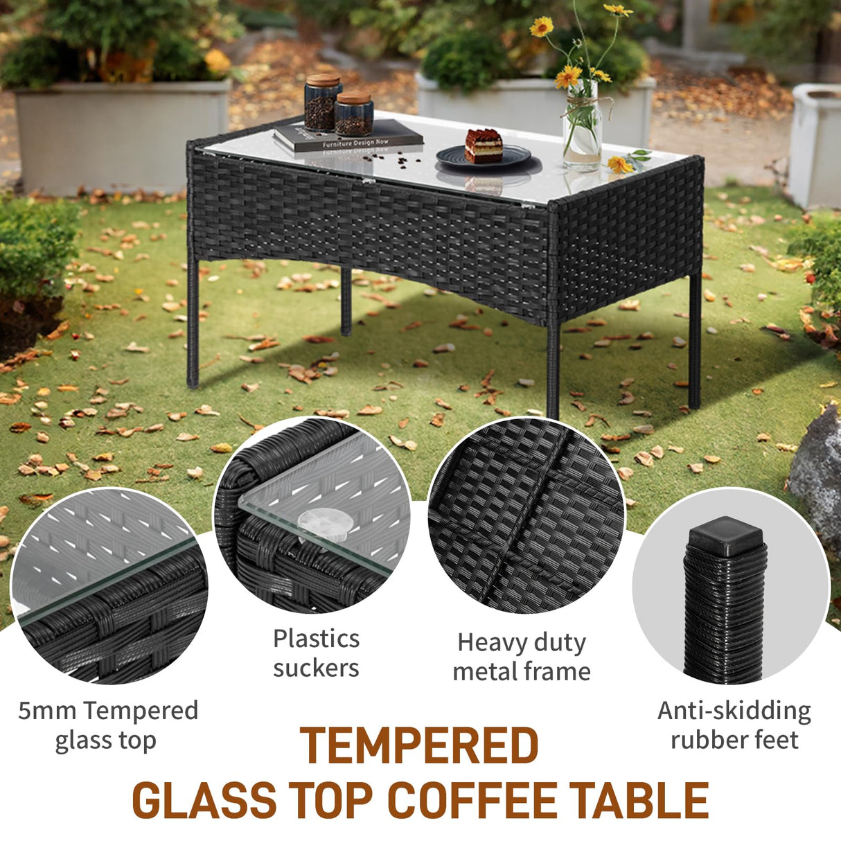 Outvita 4 Pieces Patio Furniture Set, Rattan Conversation Sets with Loveseat Soft Cushion and Glass Table for Garden Backyard Balcony Porch Poolside(Black) Outvita