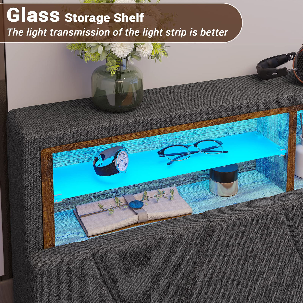 ADORNEVE Full Size Bed Frame with LED Lights and Storage Headboard, LED Bed Frame with Outlets and USB Ports, Upholstered Platform Bed with Hidden Storage, Easy Assembly, Dark Grey ADORNEVE