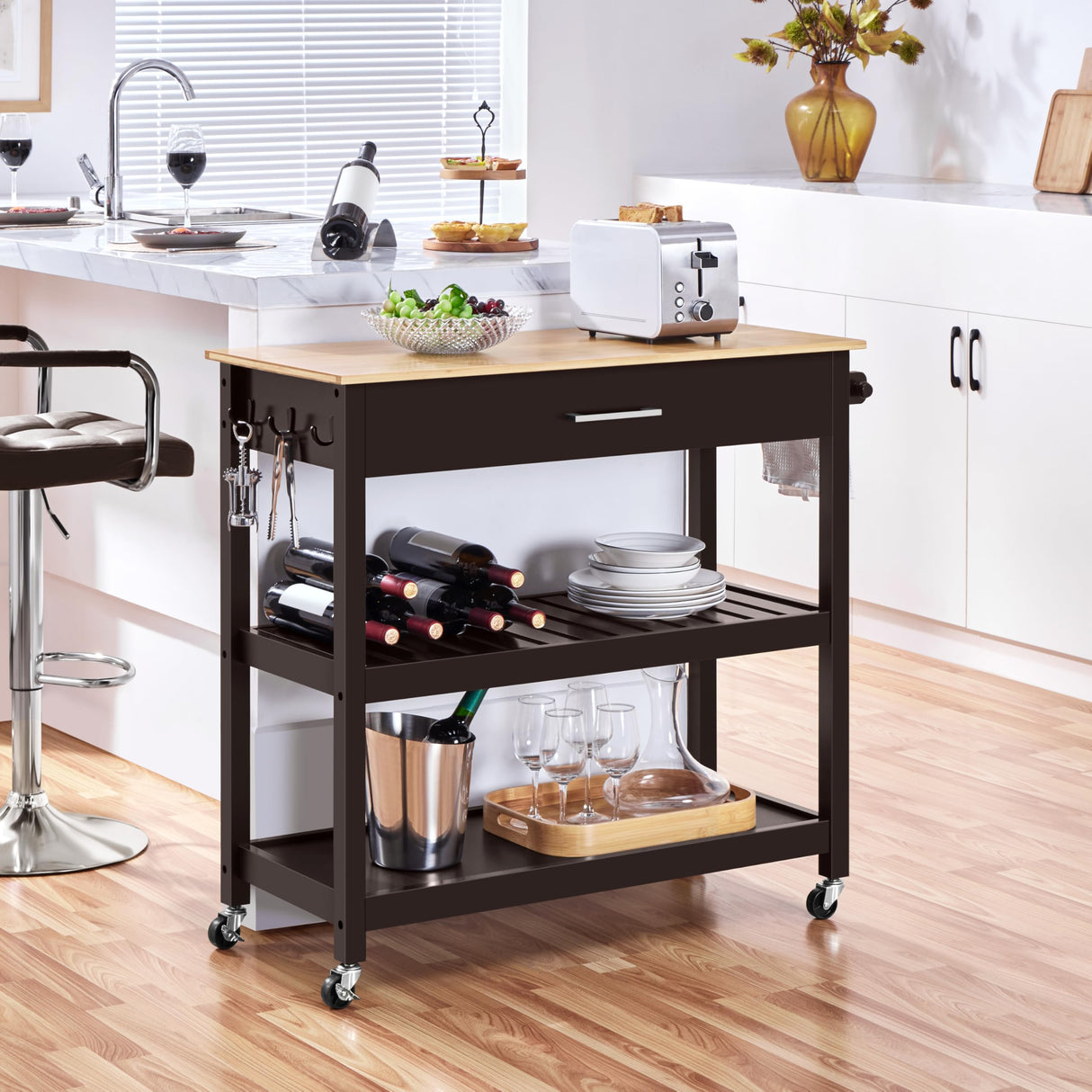 Yaheetech Kitchen Island Cart on Wheels with Bamboo Tabletop, 3-Tier Rolling Kitchen Island Microwave Cart with Drawer, Detachable Towel, 3 Hooks, 17″D × 37.5″W, Espresso Yaheetech