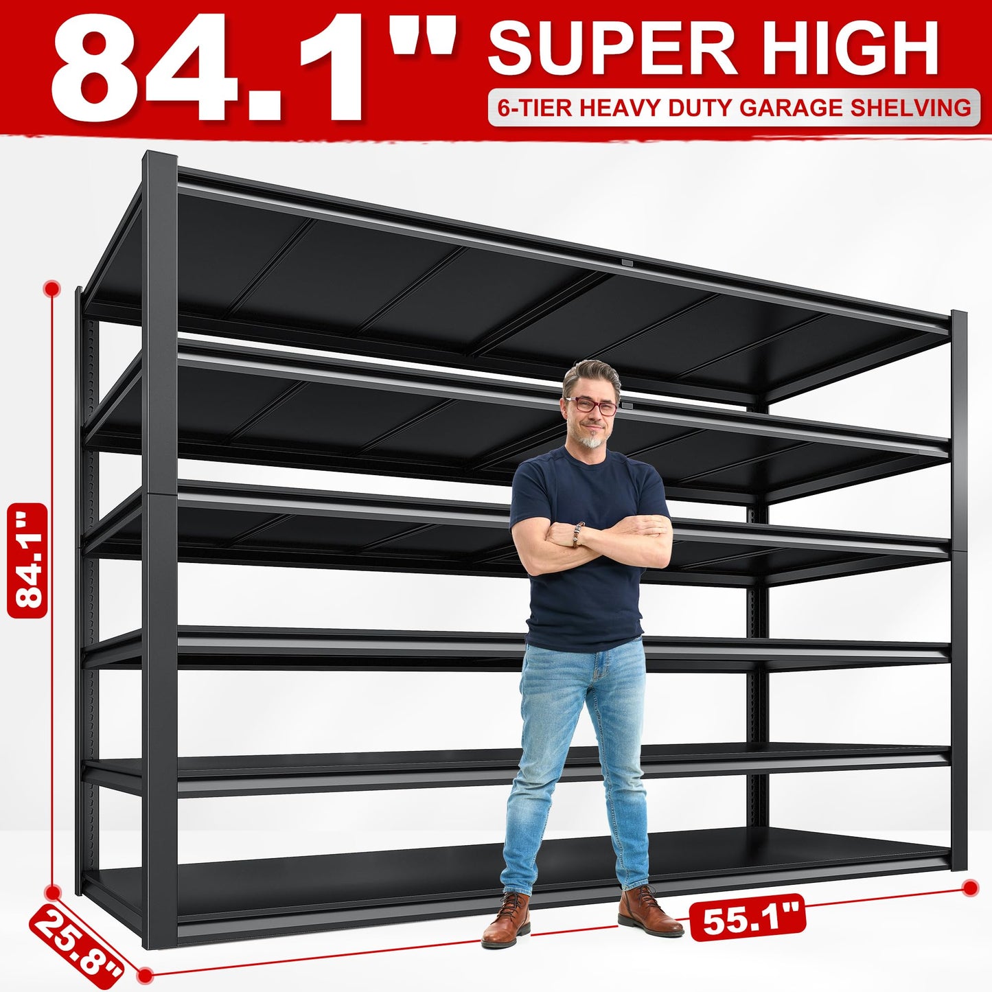 REIBII 55.1" W Storage Shelves，Garage Shelving Heavy Duty Shelving Unit Load 3500LBS, Adjustable 6-Tier Metal Shelves for Commercial Pantry Warehouse Basement 55.1" W x 25.8" D x 84.1" H - WoodArtSupply