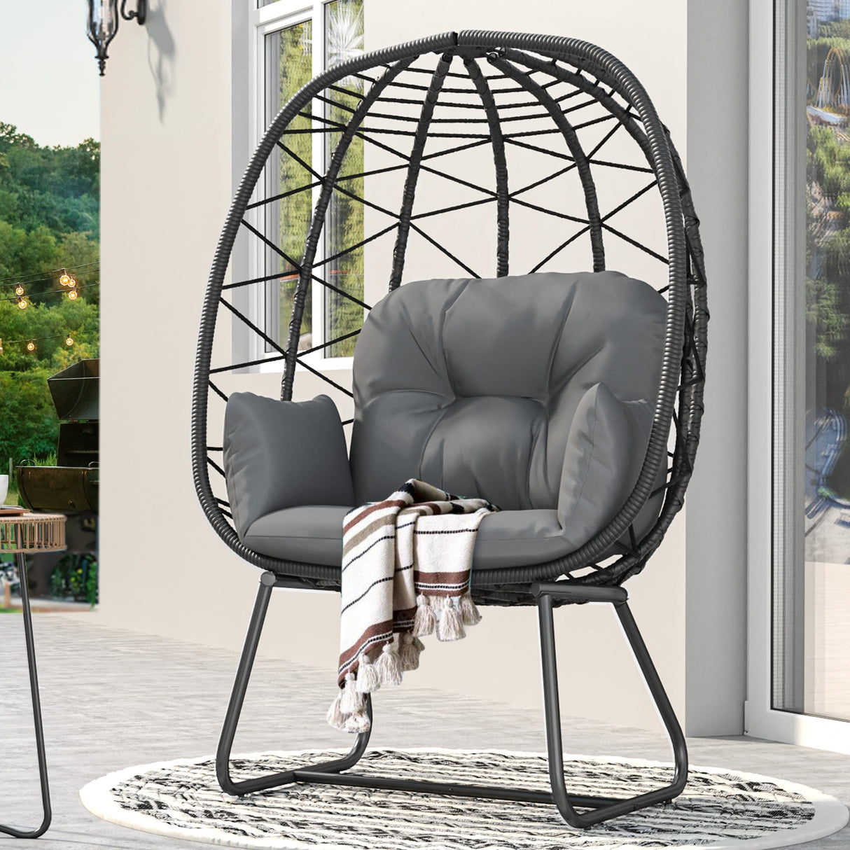 YITAHOME Egg Chair with Stand Outdoor Indoor Egg Lounge Chair with Cushion Wicker Chair PE Rattan Chair Included for Patio, Garden, Backyard, Porch, Gray YITAHOME
