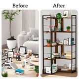 RKVPCNE 5 Tier L Shaped Bookshelf Wood Bookcase with 2 Hooks Modern Corner Bookshelf Library Industrial Shelving Book Case Adjustable Book Shelves for Bedroom Living Room Home Office Rustic Brown RKVPCNE