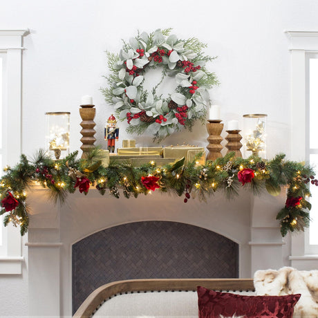 19'' Christmas Wreaths for Front Door, Aesthete Lambs Ear Wreath with Red Berries Pinecone Decor for Indoor Outdoor Christmas New Year Gift Kmise