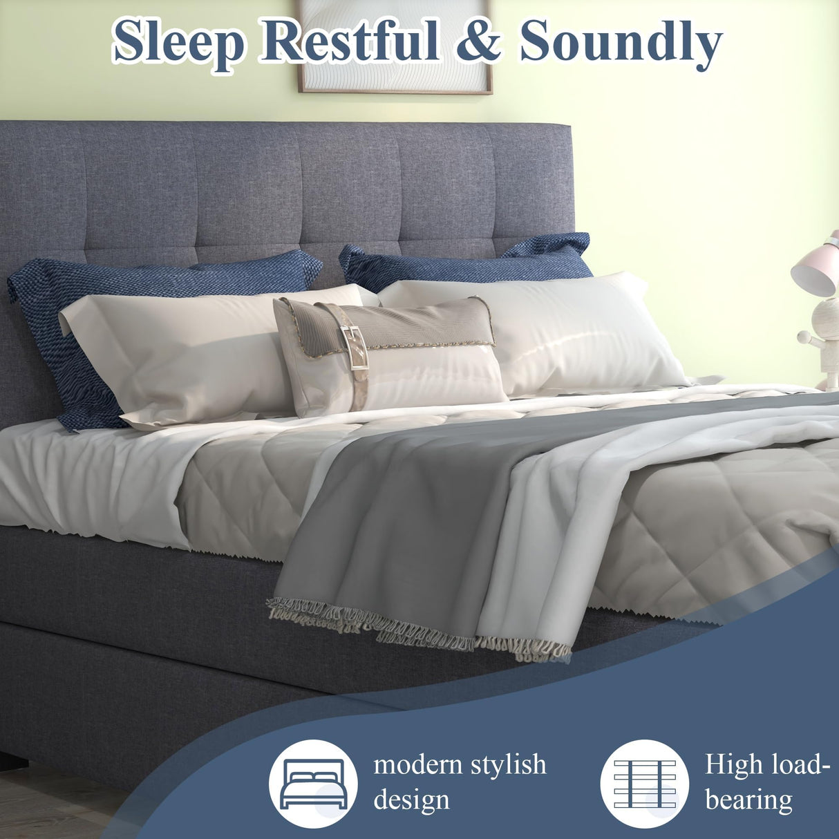 civama Full Bed with Trundle, Upholstered Full Over Twin Pull Out Platform Bed with Soft Linen Headboard & Wooden Slat Support for Bedroom Apartment, No Box Spring Needed, Grey civama