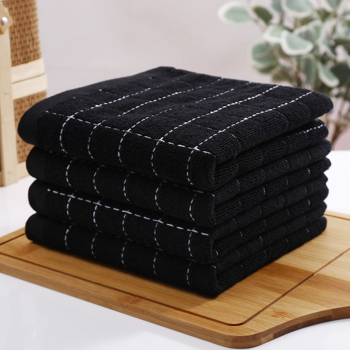 Homaxy 100% Cotton Terry Kitchen Towels(Black, 13 x 28 inches), Checkered Designed, Soft and Super Absorbent Dish Towels, 4 Pack Homaxy
