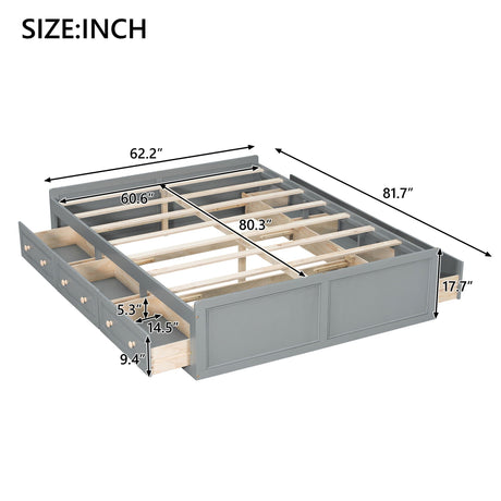 Queen Size Platform Bed Frame With 6 Drawers - Gray HouseOfZazla