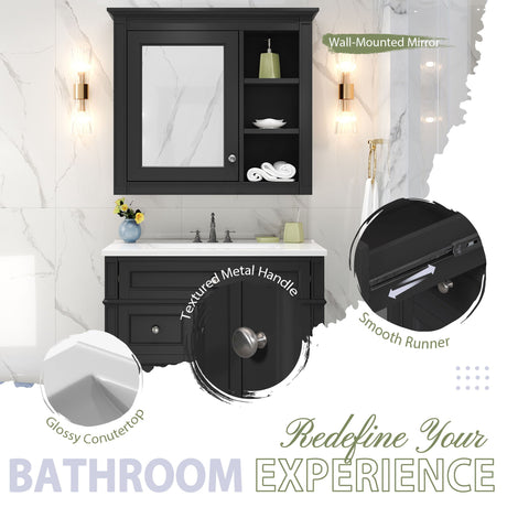 Bathroom Vanity With Medicine Cabinet, Royal Mirror Cabinet, Modern Bathroom Storage Cabinet With 2 Soft Closing Doors And 4 Drawers HouseOfZazla