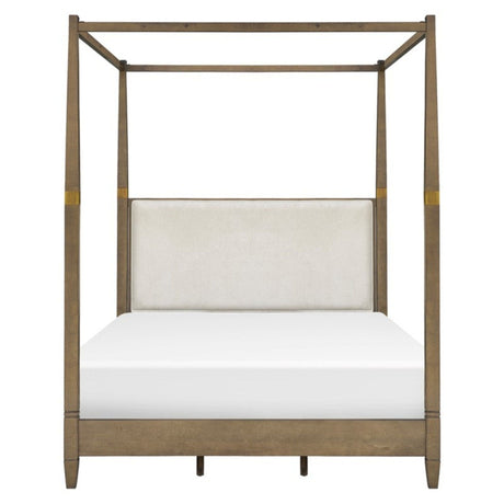 Queen Canopy Bed Frame With Upholstered Headboard - Brown HouseOfZazla