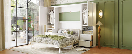 Queen Size Murphy Bed Wall Bed with Closet, Drawers and Shelves, White HouseOfZazla