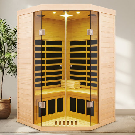 Deluxe Hemlock Far Infrared Corner Sauna Room with Glass Front for Two Persons HouseOfZazla