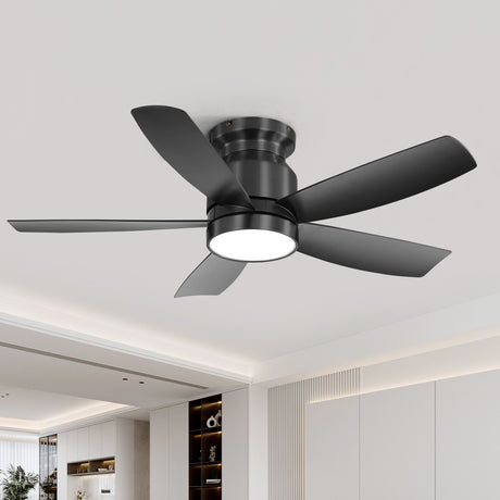 Flush Mount Ceiling Fan With LED Light 22W And Remote Control Blades For Indoor Use - Black HouseOfZazla