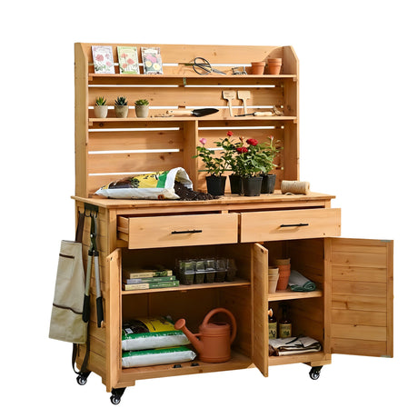 TOPMAX 65''H Large Garden Potting Bench with Lockable Wheels and Storage Cabinet HouseOfZazla