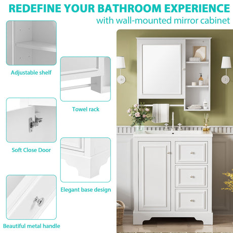 Bathroom Vanity With Sink, Modern Elegant Bathroom Storage Cabinet With 3 Drawers And Adjustable Shelves, Freestanding Vanity Set With Mirror Cabinet, Single Sink Bathroom Vanity HouseOfZazla