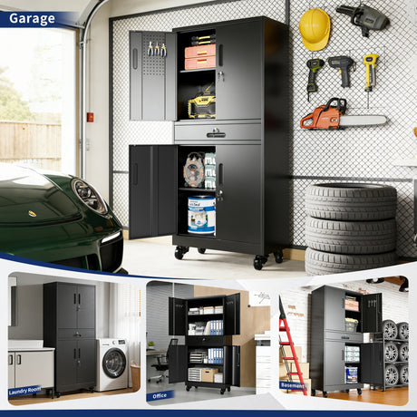 Metal Storage Cabinet with Drawer, Locking Doors, and Rolling Wheels HouseOfZazla