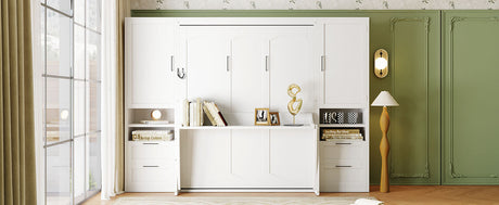 Queen Size Murphy Bed Wall Bed with Closet, Drawers and Shelves, White HouseOfZazla