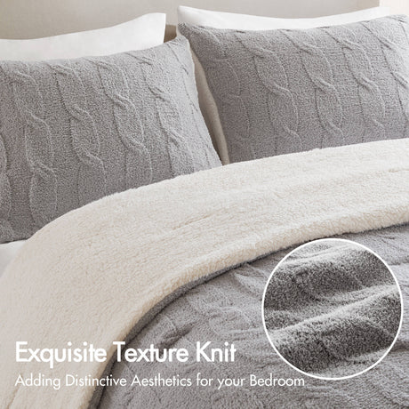 3 Pieces Full/Queen Cable Knit Chenille Comforter Set Gray HouseOfZazla