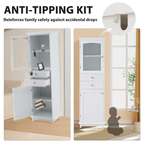Tall Bathroom Storage Cabinet With Glass Doors, Free-Standing, Two Drawers, And Adjustable Shelves, Board, Painted Perfect For Displaying Your Favorite Items HouseOfZazla