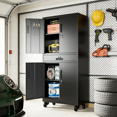 Metal Storage Cabinet with Drawer, Locking Doors, and Rolling Wheels HouseOfZazla