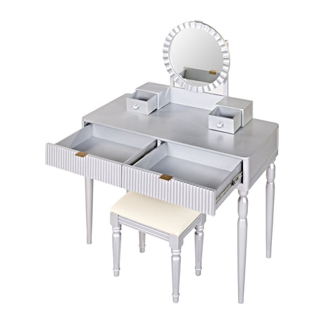 Luxury Vanity Desk With Round Mirror Height Adjustable Dressing Table Set Engineered Wood - Silver HouseOfZazla