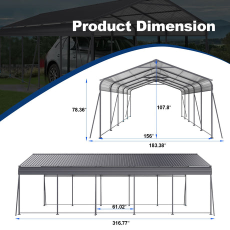 Metal Carport 13 X 26.5 Ft Heavy Duty With Galvanized Steel Roof Metal Garage Canopy With Galvanized Steel Roof & Frame Car Tent Outdoor Storage Shed For Car Boats And Truck - Gray HouseOfZazla