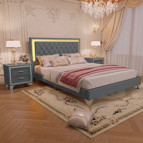3-Pieces Bedroom Set, Queen Size Upholstered Platform Bed with LED Lights and Two Nightstands - Gray HouseOfZazla