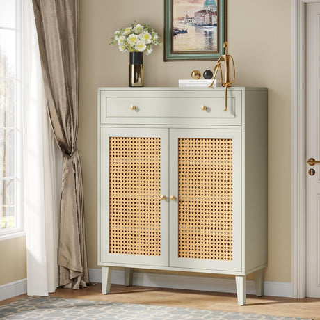 Shoe Cabinet With Rattan Doors And Drawer, 4 Tier Storage Organizer - Mint Green HouseOfZazla